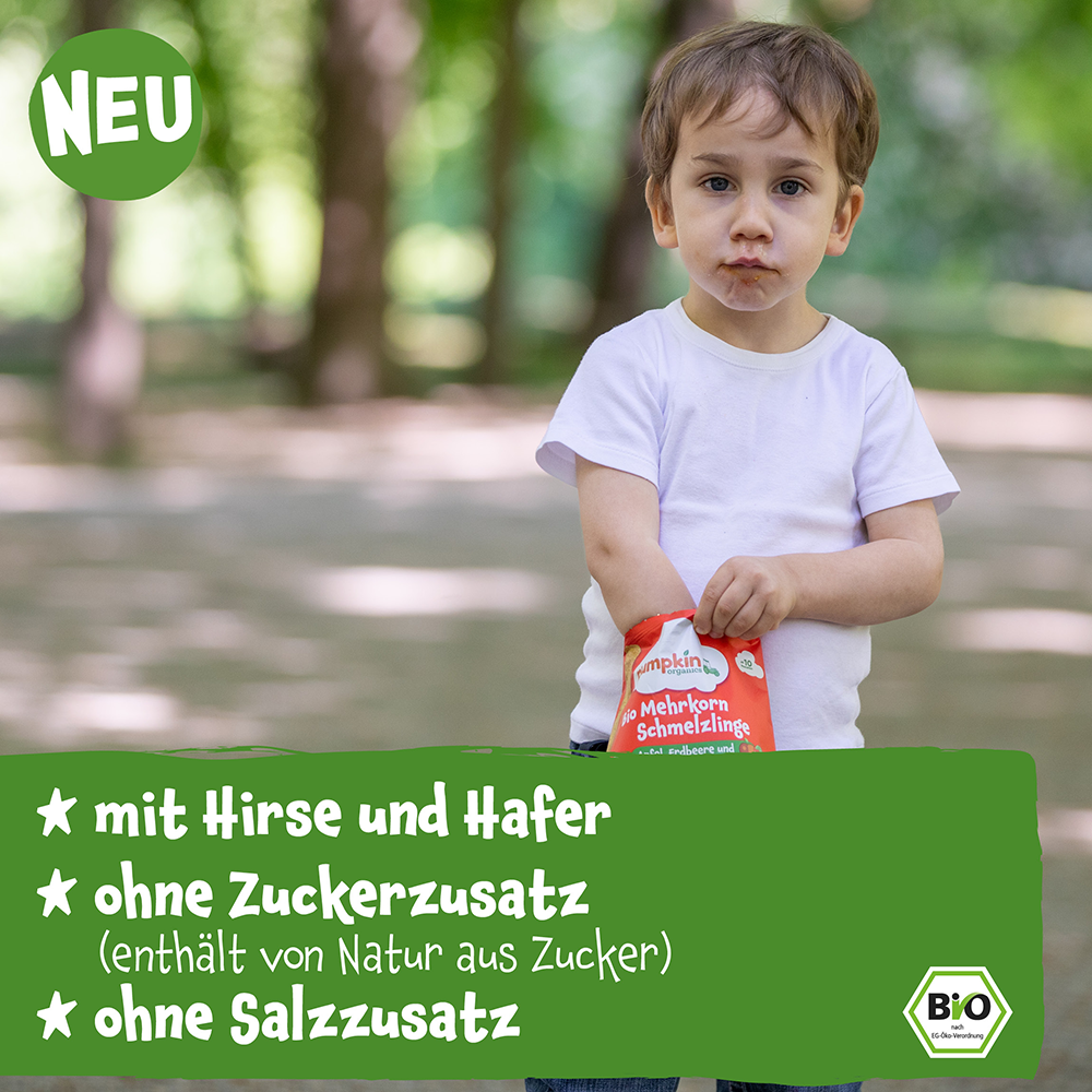 Bild: pumpkin organics Bio Mehrkorn Schmelzlinge Apfel, Erdbeere und Süßkartoffel
