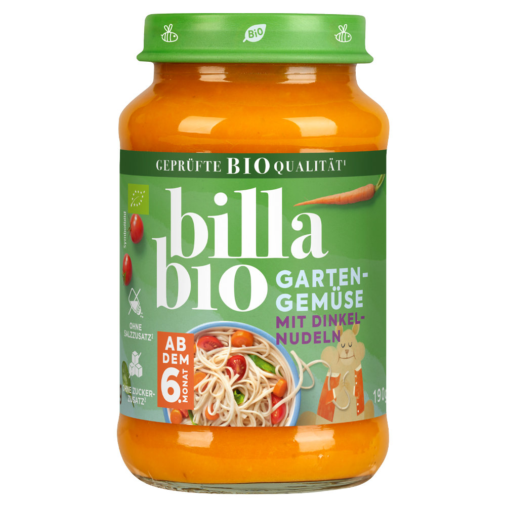 Bild: Billa Bio Gläschen Gartengemüse mit Dinkelnudeln 