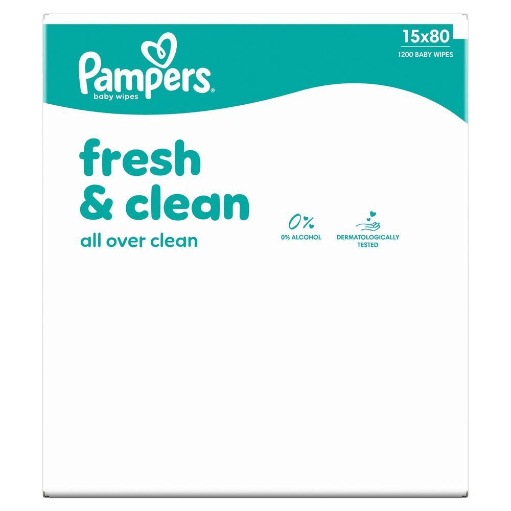 Pampers Baby Feuchttücher Fresh & Clean, mit der Aufschrift All Over Clean und dem Hinweis 0% Alkohol, dermatologisch getestet. [EN] Pampers Fresh Clean baby wipes packaging with 15 packs of 80 count wipes, highlighting all over clean, 0% alcohol and dermatologically tested,, featuring dermatologically approved by Skin Health Alliance logo. [RO] Pampers șervețele umede pentru bebeluși Fresh & Clean, ambalaj cu mențiunea 0% alcool și testate dermatologic. [HR] Pampers baby wipes pakiranje, ističući formulu bez alkohola i dermatološki testiranu za nježno čišćenje. [CS] Pampers dětské ubrousky Fresh & Clean, 15 balení po 80 kusech, s označením 0% alkoholu a dermatologicky testováno. [HU] Pampers Fresh & Clean baba törlőkendők, 15x80 darabos kiszerelés, mely alkoholmentes és bőrgyógyászatilag tesztelt. [SK] Pampers Baby Wipes, balenie 15x80, s označením fresh & clean a 0% alkoholu, dermatologicky testované. [SL] Pampers otroški vlažilni robčki Fresh & Clean, ki poudarjajo, da so dermatološko testirani in ne vsebujejo alkohola (0%).