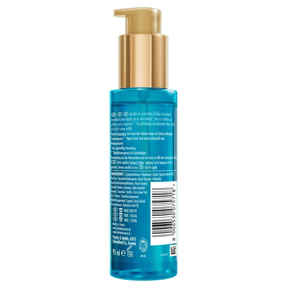 Herbal Essences Arganöl Elixier mit rückseitiger Produktverpackung, die die Tiefenreparatur und die vegane Formel hervorhebt.