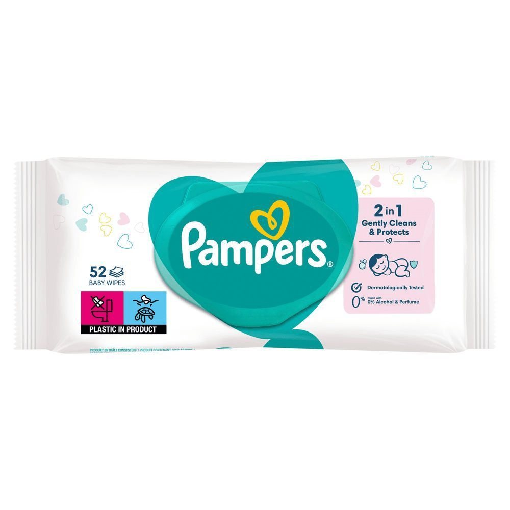 Pampers Feuchttücher, 52 Stück, mit der Aufschrift "2 in 1: Reinigt sanft & Schützt" und "0% Alkohol & Parfum". [IT] Pampers Baby Wipes 52 unità, con confezione che evidenzia la formula "2 in 1: Pulisce e Protegge delicatamente".;