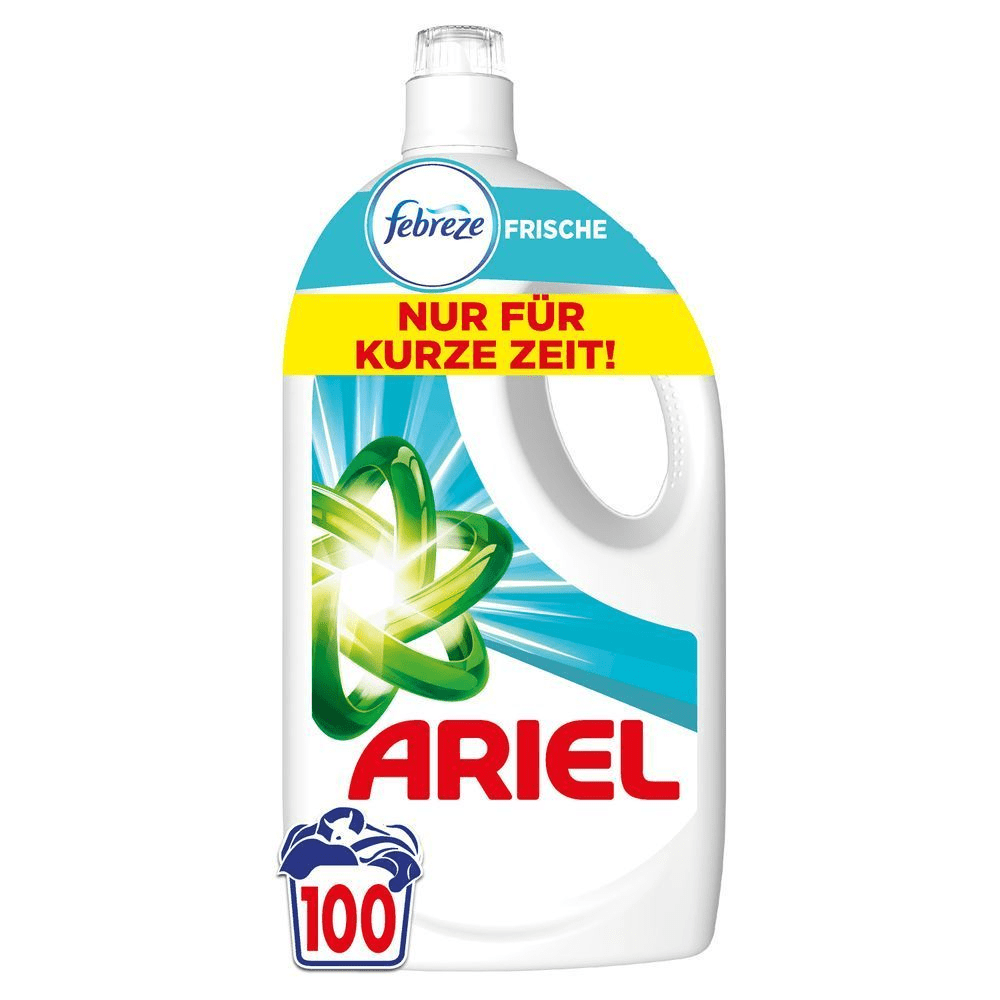 Ariel Flüssigwaschmittel Febreze, Limited Edition, 100-Waschpackung. Text ist abgebildet: "NUR FÜR KURZE ZEIT"
 [EN] Ariel Liquid Laundry Detergent Febreze, Limited Edition, 100-Wash Pack. [IT] Detersivo liquido per bucato Ariel Febreze, bottiglia da 100 lavaggi.;