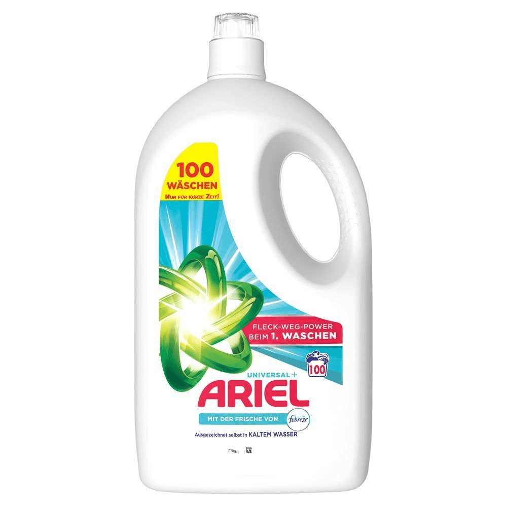 Ariel Febreze Flüssigwaschmittel, Kapazität für 100 Waschladungen, mit der Frische von Febreze und wirksam sogar in kaltem Wasser, FLECK-WEG-POWER BEIM 1. WASCHEN [EN] Ariel Febreze liquid laundry detergent, 100-wash capacity, with the freshness of Febreze and effective even in cold water. [IT] Detersivo liquido per bucato Ariel Febreze, capacità 100 lavaggi, con la freschezza di Febreze ed efficace anche in acqua fredda.;
