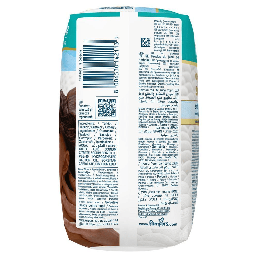 Pampers Aqua Pure Baby Feuchttücher, hervorgehoben mit der Aufschrift 0% Plastik in den Fasern.