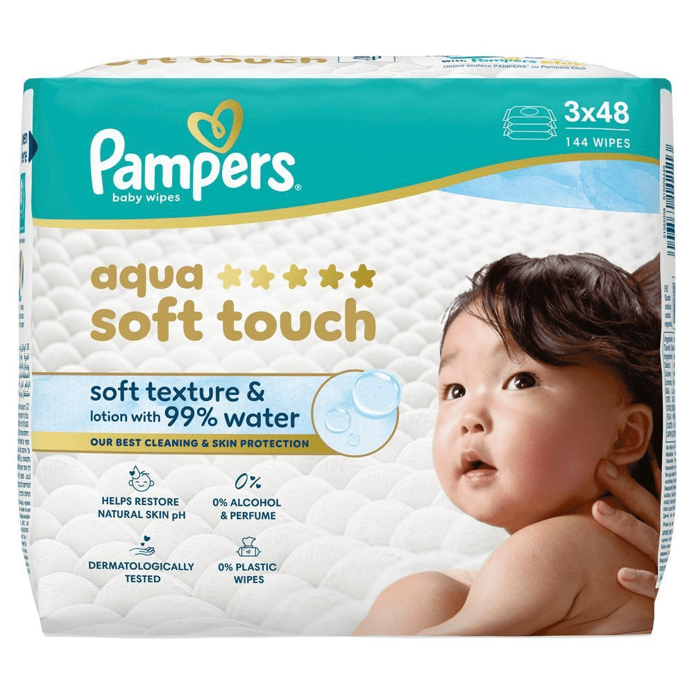 Pampers Aqua Soft Touch Feuchttücher, 3x48 Packung, mit der Aufschrift Soft Texture & Lotion mit 99% Wasser.