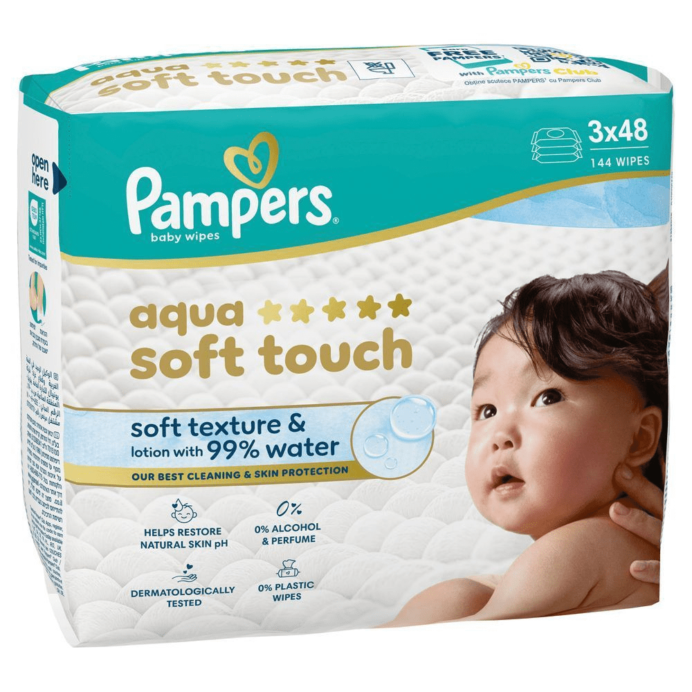 Pampers Aqua Soft Touch Feuchttücher, 3x48er Packung, hervorgehoben mit Soft Texture & Lotion mit 99% Wasser für beste Reinigung und Hautschutz.