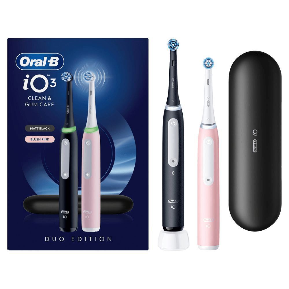Oral-B iO3 elektrische Zahnbürsten Duo Edition in Mattschwarz und Blush Pink, mit Reiseetui, für saubere Zähne und gesundes Zahnfleisch.