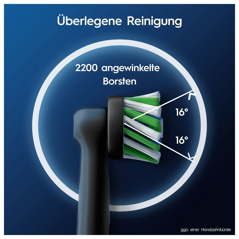 Oral-B Bürstenkopf mit 2200 angewinkelten Borsten für überlegene Reinigung, hervorgehoben durch 16-Grad-Winkel.