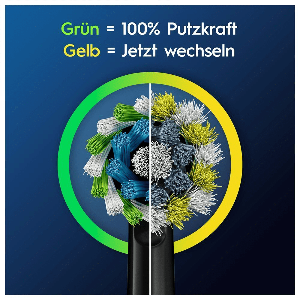 Oral-B Bürstenkopf: Grüne Borsten bedeuten 100% Putzkraft, gelbe Borsten signalisieren, dass der Bürstenkopf gewechselt werden sollte.