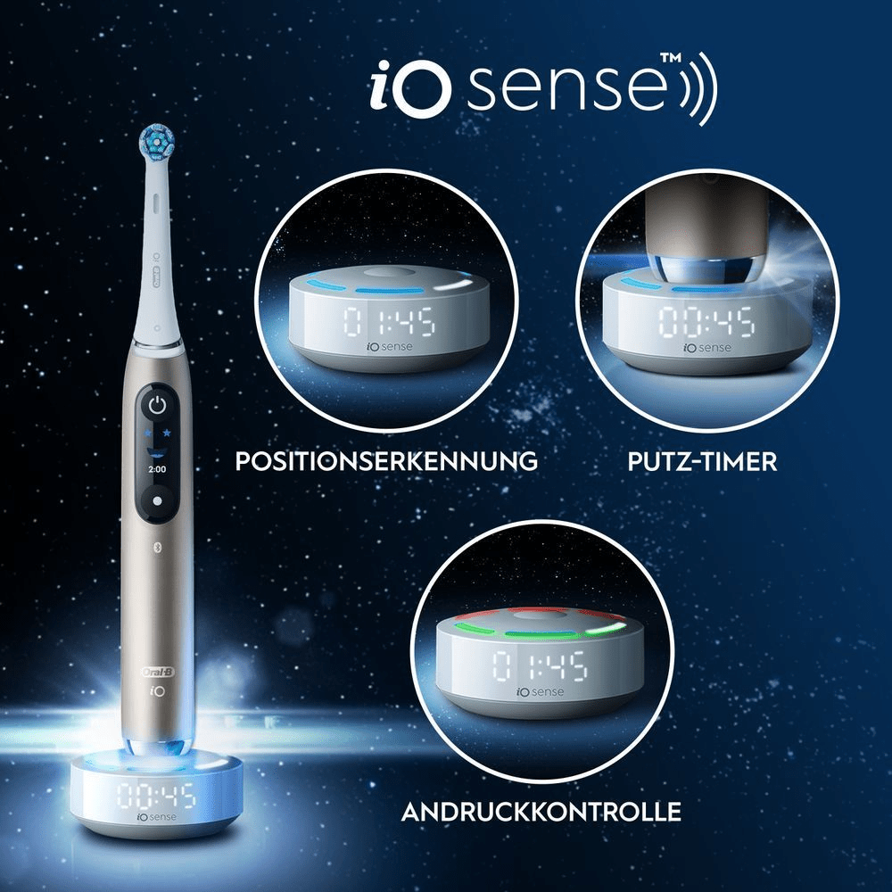 Goldene iO10 Zahnbürste mit 3 Ausschnitten zu iOsense: Positionserkennung, Timer, Andruckkontrolle.