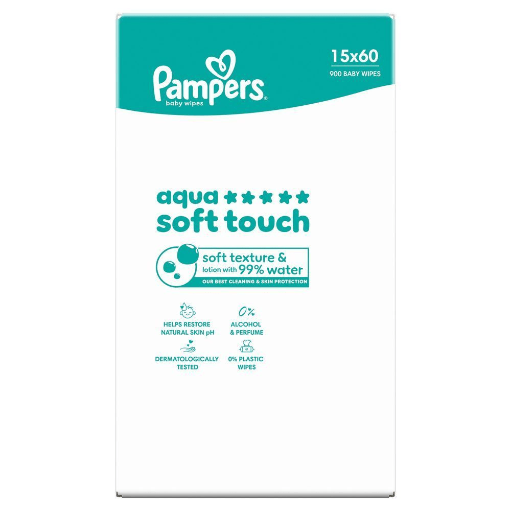 Pampers Aqua Soft Touch Feuchttücher, 99% Wasser, 900 Stück Packung.