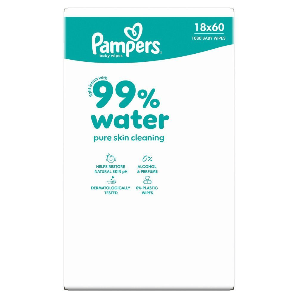 Pampers Feuchttücher Packung mit 99% Wasser.