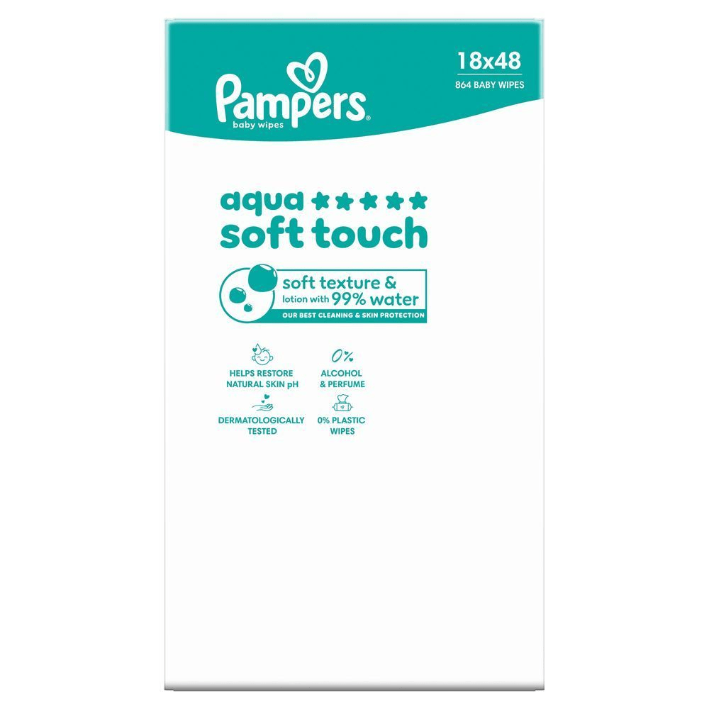 Pampers Aqua Soft Touch Feuchttücher, weiche Textur & Lotion mit 99% Wasser.