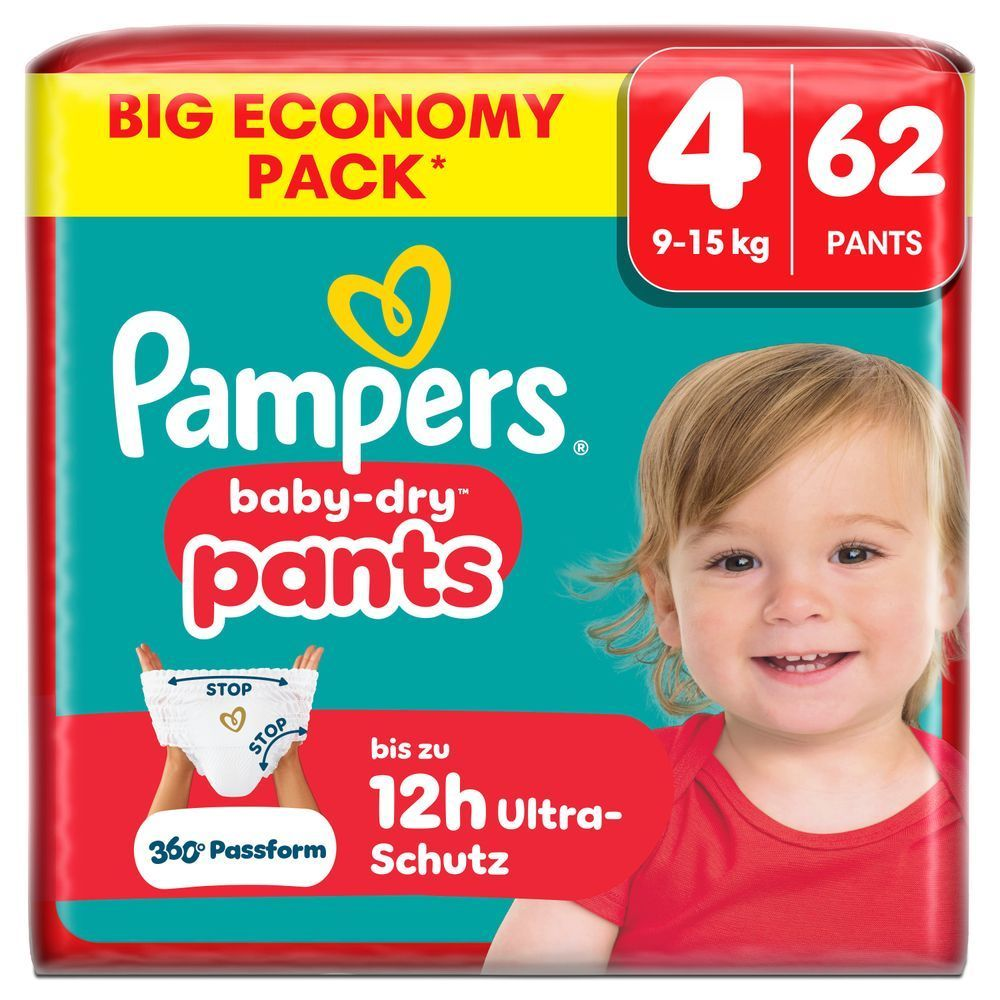 Pampers Baby-Dry Pants, Big Economy Pack, Größe 4, 62 Stück, mit bis zu 12 Stunden Ultra-Schutz.