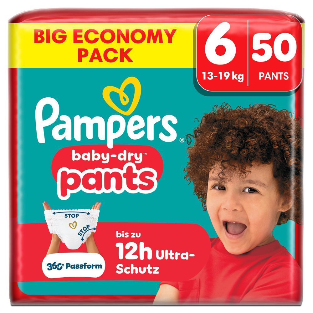Pampers Baby-Dry Pants im Big Economy Pack, mit dem Versprechen von bis zu 12 Stunden Ultra-Schutz.