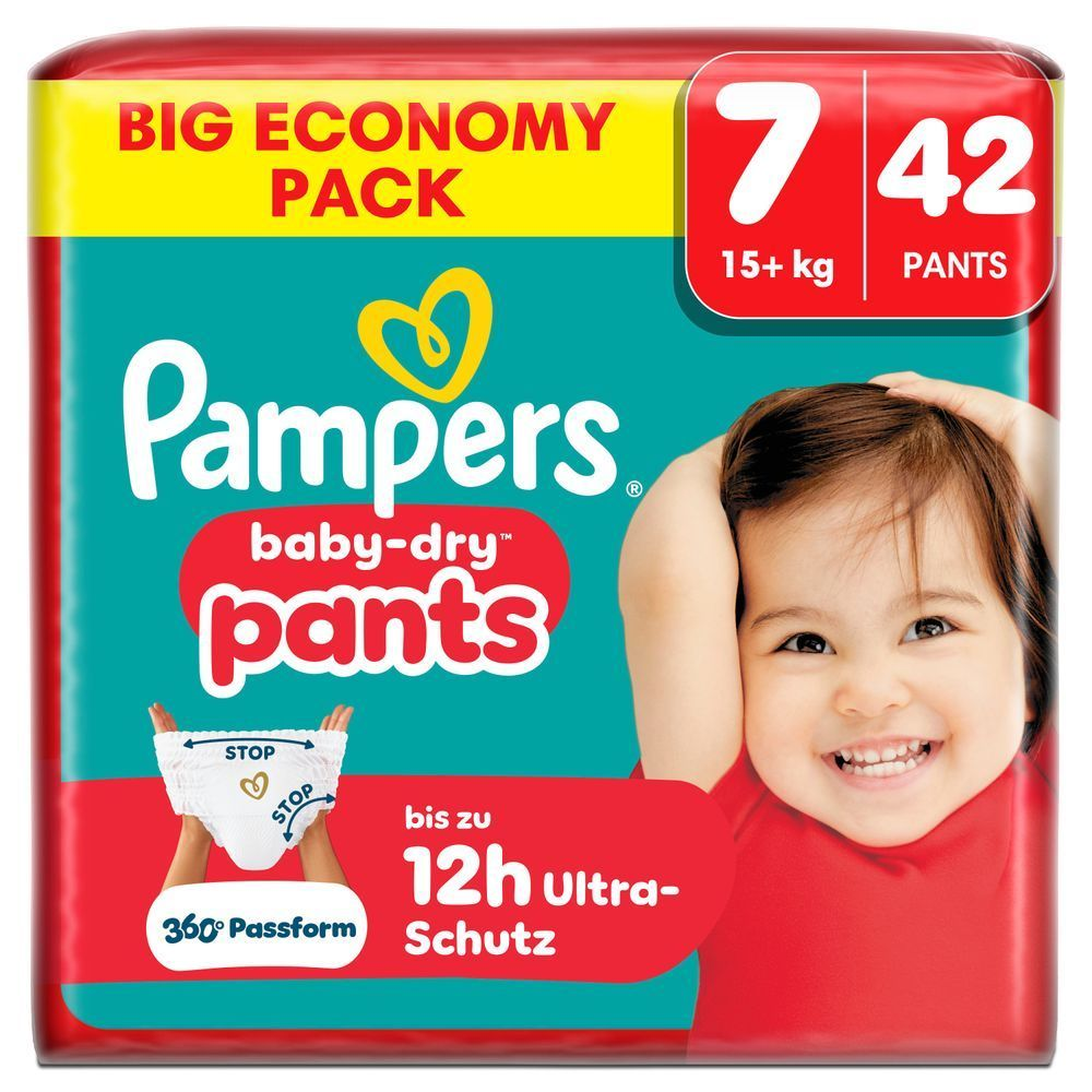 Pampers Baby-Dry Pants, Big Economy Pack, mit der Aufschrift "bis zu 12h Ultra-Schutz".