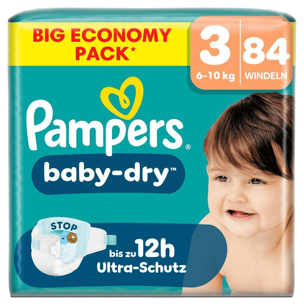 Pampers Baby-Dry Windeln Big Economy Pack, Größe 3, 84 Windeln, mit dem Hinweis auf bis zu 12 Stunden Ultra-Schutz.