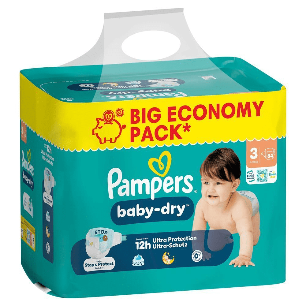 Pampers Baby-Dry Windeln im Big Economy Pack, das 12 Stunden Ultra-Schutz und eine Stop & Protect Tasche bietet.