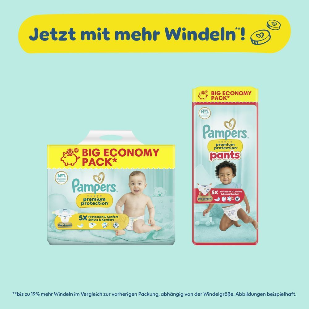 Das Bild zeigt 2 Produktabbildungen: Pampers Premium Protection und Premium Protection Pants mit der Information, dass jetzt mehr Windeln in einem Big Pack sind. Bis zu 19% mehr Windeln im Vergleich zur vorherigen Packung, abhÃ¤ngig von der WindelgrÃ¶Ãe. Abbildungen beispielhaft.