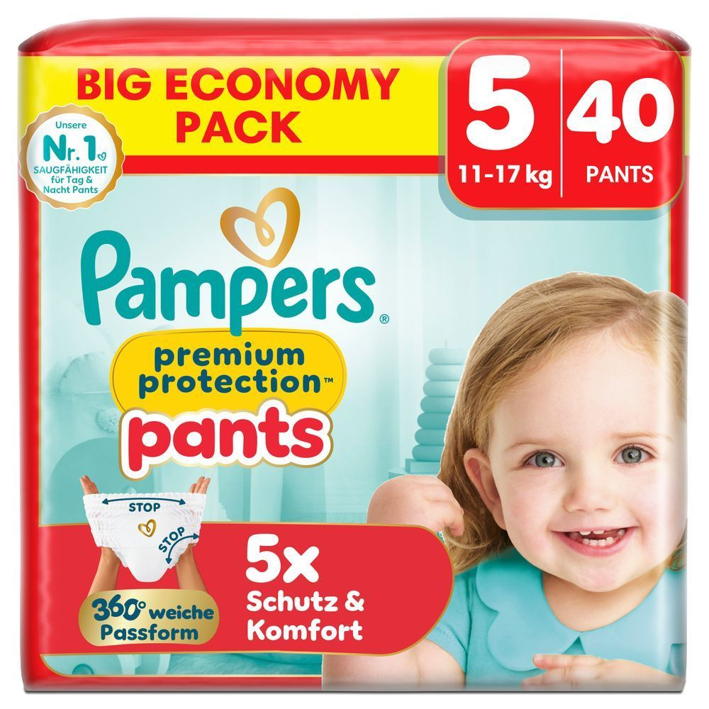 Pampers Premium Protection Pants, Big Economy Pack, GrÃ¶Ãe 5, 40 StÃ¼ck, mit 5x Schutz und Komfort.