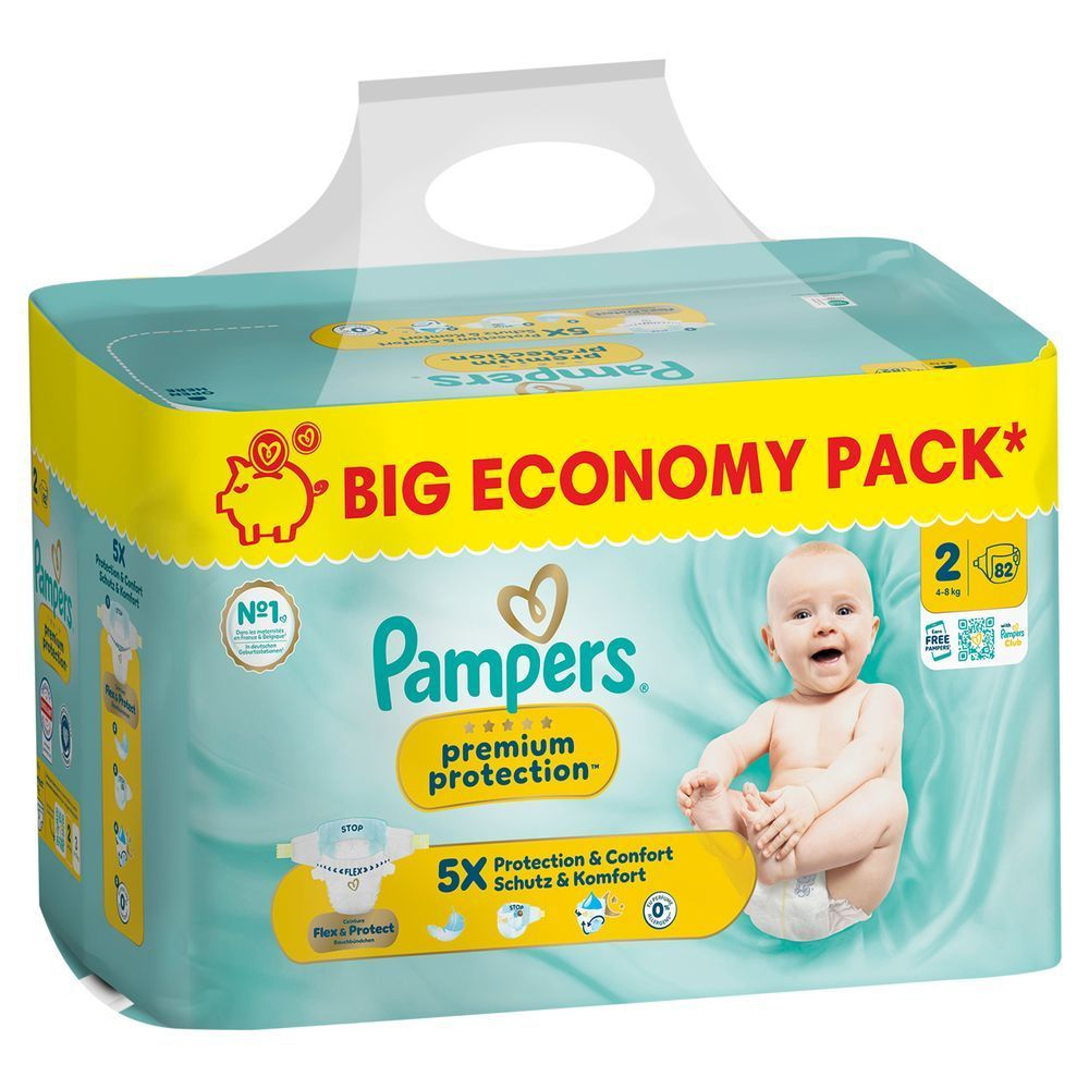 Pampers Premium Protection Windeln Big Economy Pack, Größe 2, 82 Stück, mit dem Aufdruck "5X Protection & Confort Schutz & Komfort".;