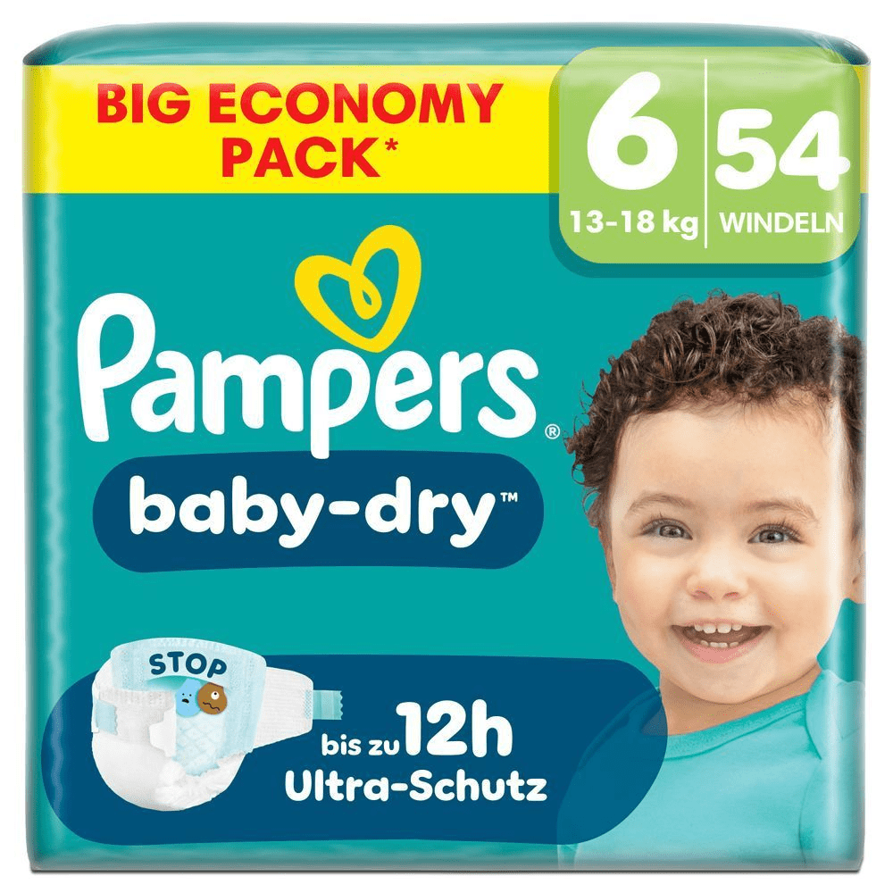 Pampers Baby-Dry Windeln, Big Economy Pack, Größe 6 (13-18 kg), 52 Windeln mit bis zu 12h Ultra-Schutz.