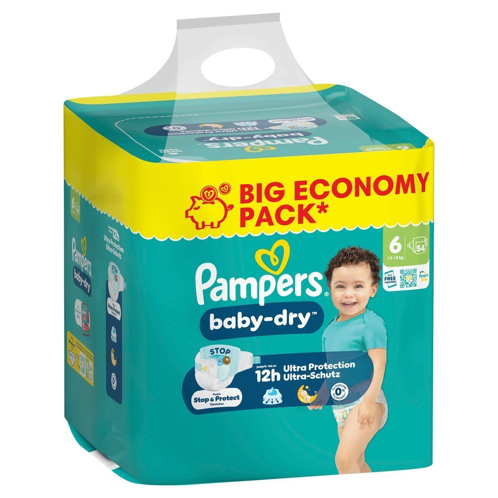 Pampers Baby-Dry Windeln im Big Economy Pack, hervorgehoben wird der 12h Ultra-Schutz.