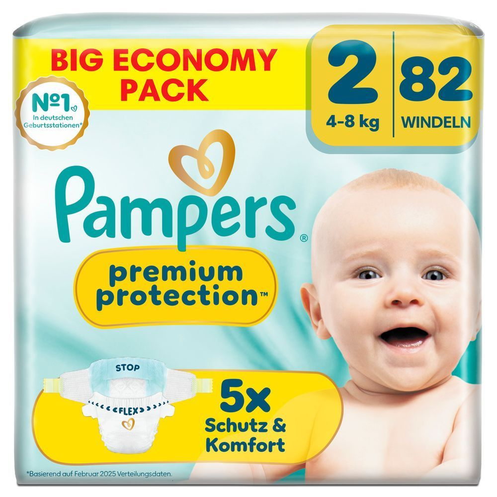 Pampers Premium Protection Big Economy Pack, Größe 2, 82 Windeln, mit 5x Schutz und Komfort.