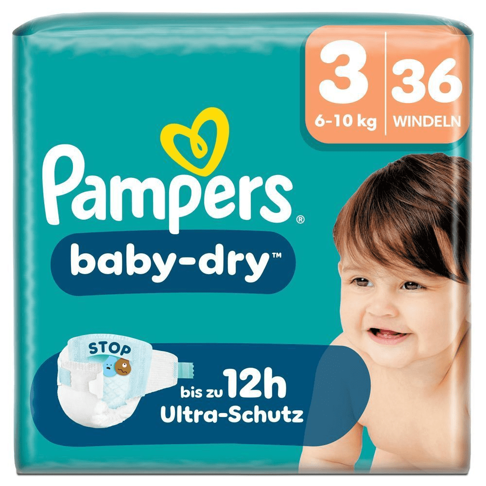 Pampers Baby-Dry Windeln, Größe 3 (6-10 kg), 36 Stück, mit dem Hinweis auf bis zu 12 Stunden Ultra-Schutz.