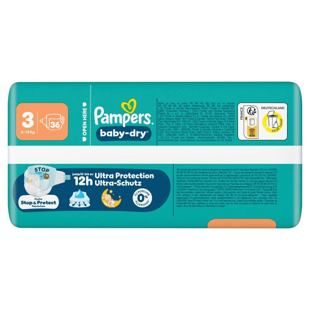 Pampers Baby-Dry Windeln, Größe 3, mit dem Hinweis bis zu 12h Ultra-Schutz.