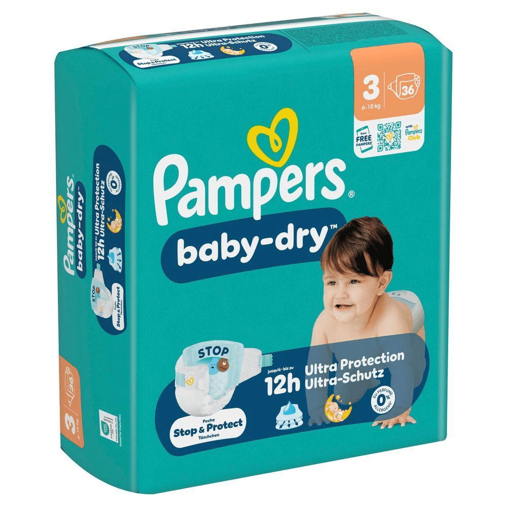 Pampers Baby-Dry Windeln, Größe 3, mit dem Versprechen von bis zu 12 Stunden Ultra-Schutz durch Stop & Protect Taschen.