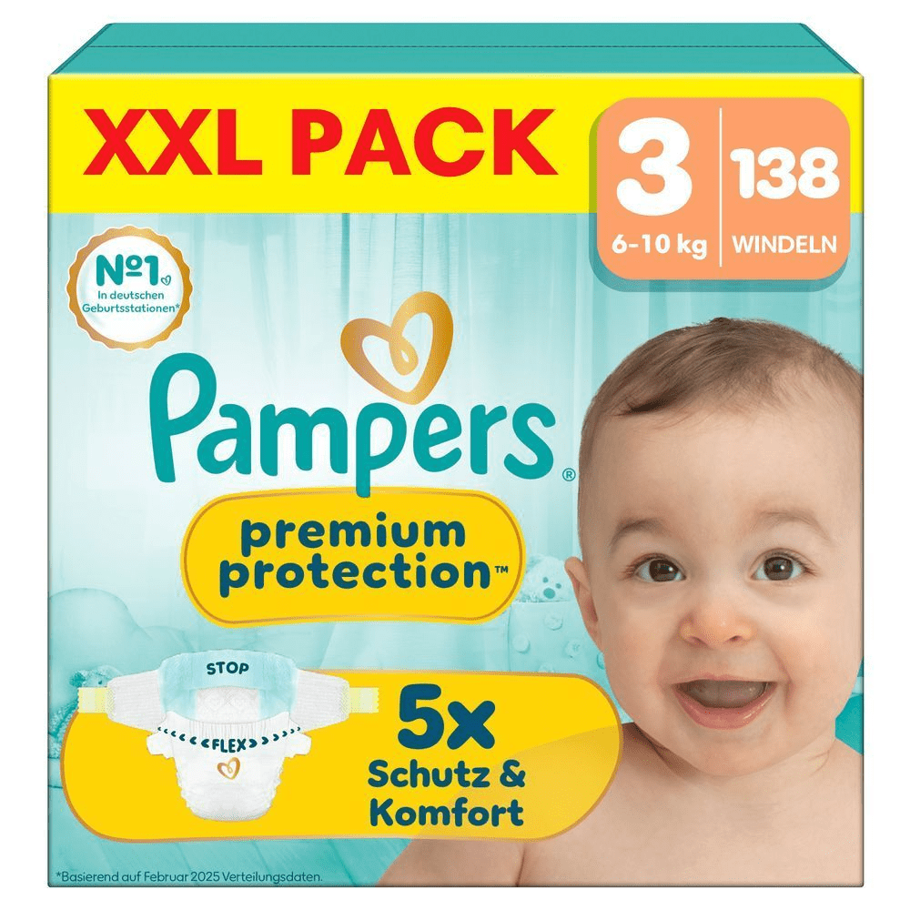Pampers Premium Protection XXL Pack, Größe 3, 138 Windeln, mit 5x Schutz & Komfort.