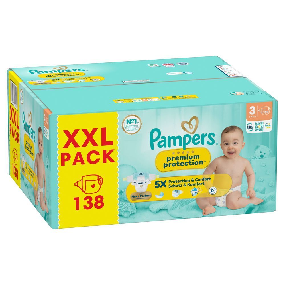 Pampers Premium Protection Windeln im XXL-Pack, Größe 3,138 Stück. Mit dem Aufdruck "5x Schutz und Komfort".;