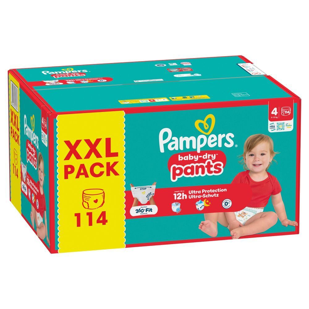 Pampers Baby-Dry Pants im XXL-Pack mit 114 Windeln und dem Versprechen von 12 Stunden Ultra-Schutz.