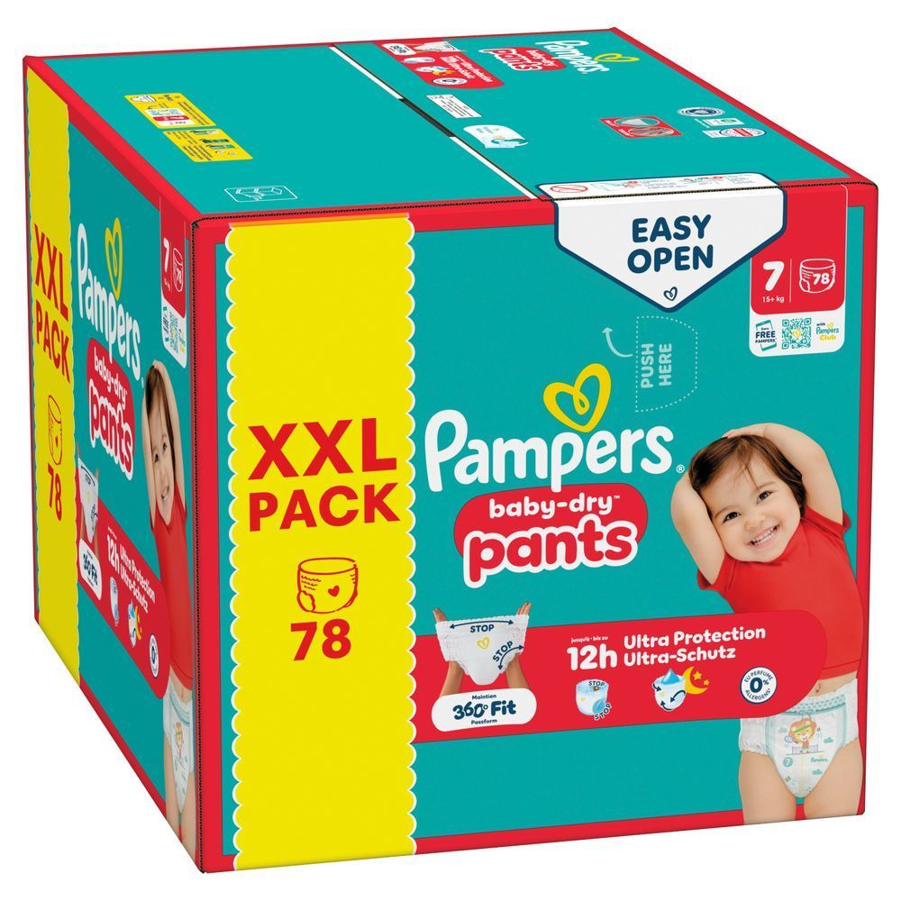 Pampers Baby-Dry Pants im XXL-Pack mit 78 Windeln, beworben mit 12 Stunden Ultra-Schutz.