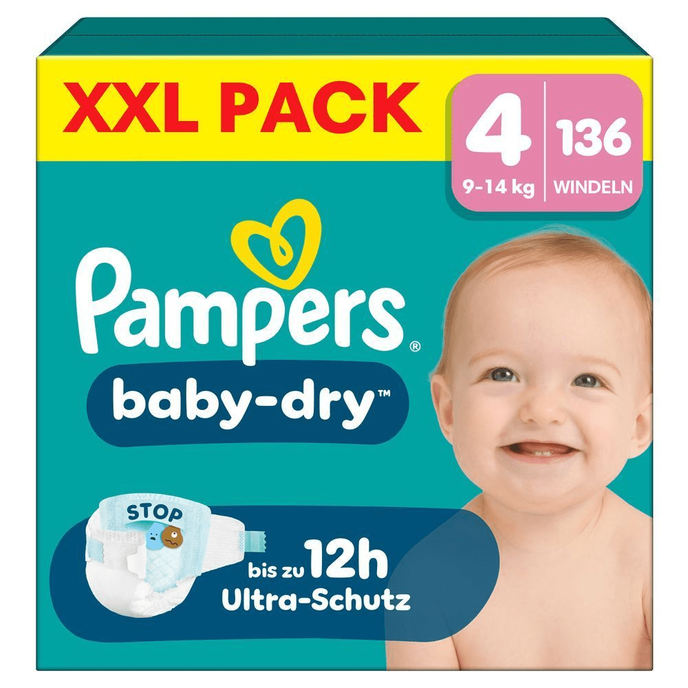 Pampers Baby-Dry Windeln im XXL-Pack, Größe 4 (9-14 kg), 136 Windeln, mit bis zu 12 Stunden Ultra-Schutz. [IT] Pampers Baby-Dry in confezione XXL da 136 pannolini, taglia 4, con protezione ultra fino a 12 ore.;