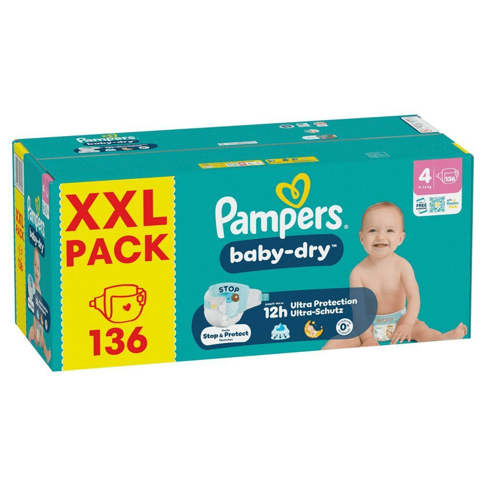 Pampers Baby-Dry Windeln, XXL Pack mit 136 Stück, hervorgehoben wird der 12h Ultra-Schutz.