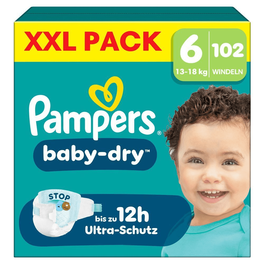 Pampers Baby-Dry XXL Pack, Größe 6, 102 Stück, mit bis zu 12 Stunden Ultra-Schutz. [IT] Pampers Baby-Dry XXL Pack taglia 6, confezione da 102 pannolini, con protezione fino a 12 ore "Ultra-Schutz".;