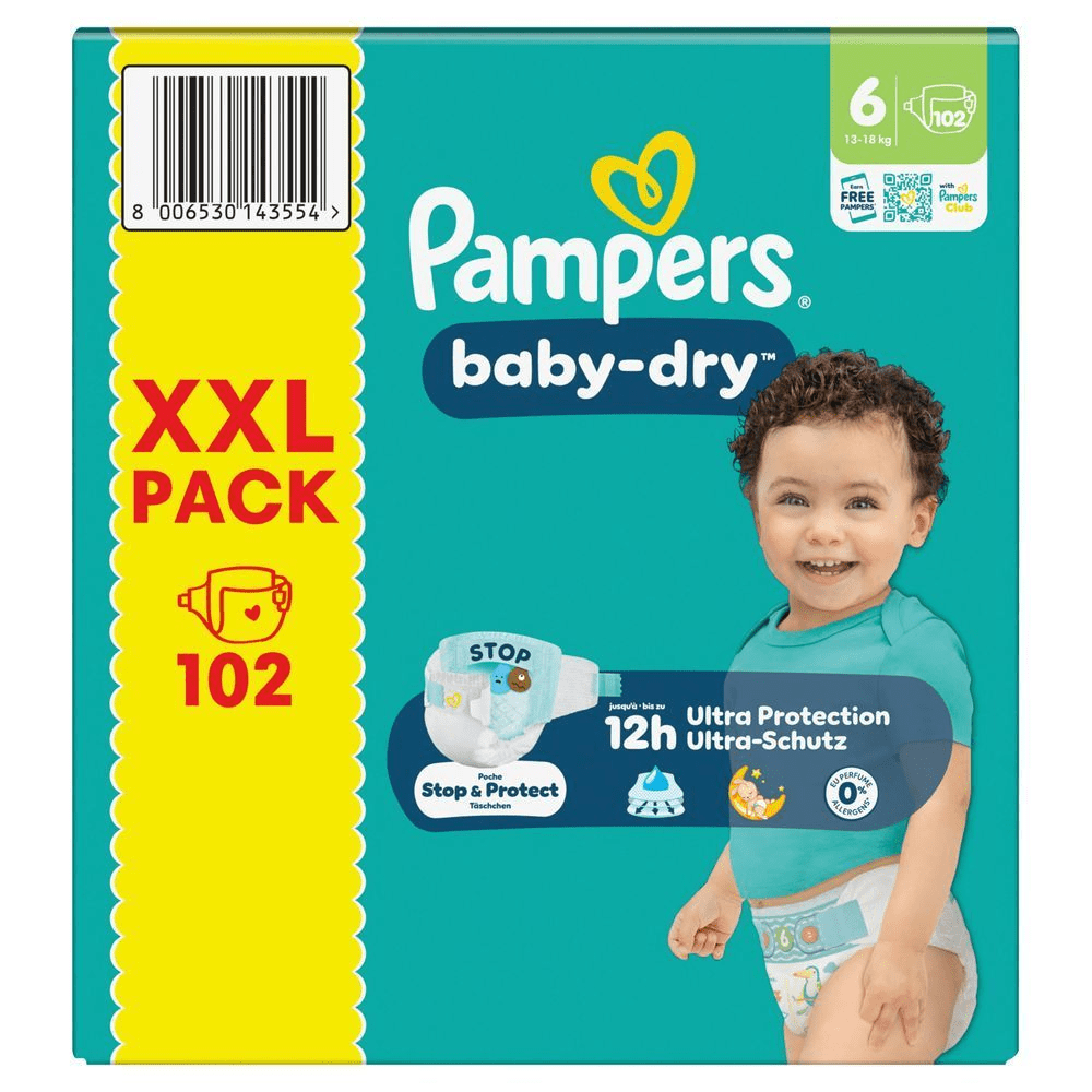 Pampers Baby-Dry XXL Pack, Größe 6, 102 Windeln, mit bis zu 12 Stunden Ultra-Schutz.