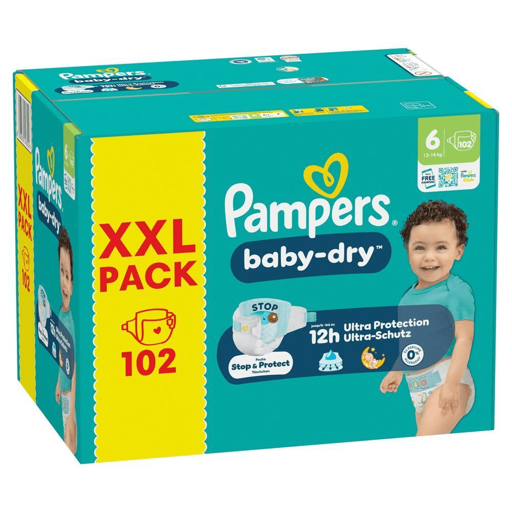 Pampers Baby-Dry XXL Pack, Größe 6, 102 Windeln, mit bis zu 12 Stunden Ultra-Schutz.