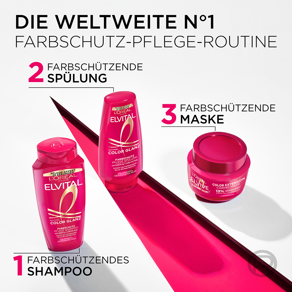 Bild: L'ORÉAL PARIS ELVITAL Color Glanz Pflege Farbschutz Shampoo & Spülung