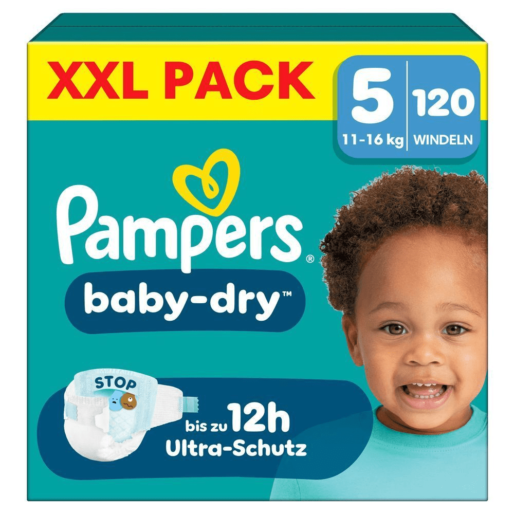 Pampers Baby-Dry Windeln, XXL Pack, Größe 5 (11-16 kg), 120 Windeln, mit bis zu 12 Stunden Ultra-Schutz. [IT] Pampers Baby-Dry confezione XXL, taglia 5, con fino a 12 ore di Ultra-Schutz indicate sulla confezione.;