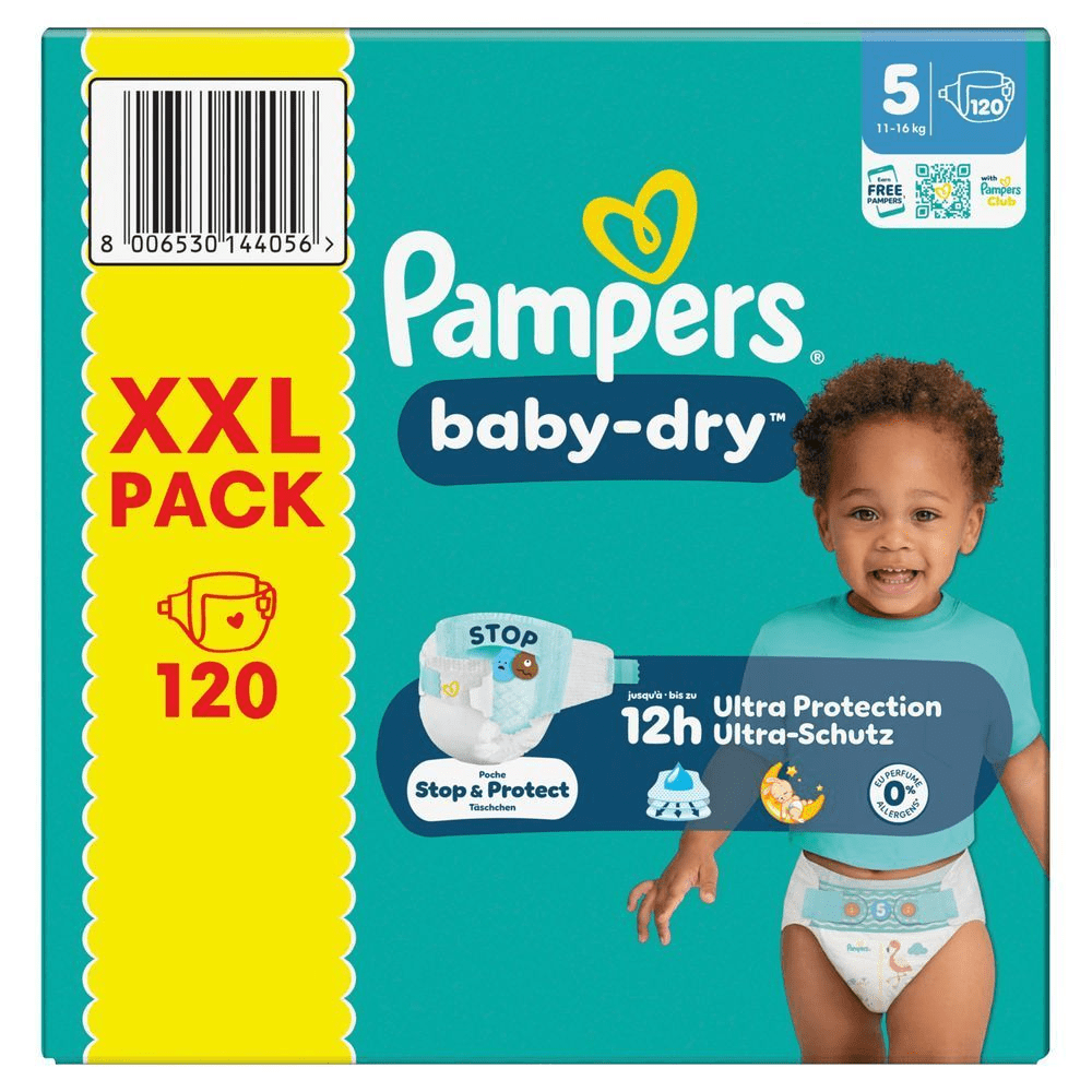 Pampers Baby-Dry Windeln im XXL-Pack mit dem Versprechen von bis zu 12 Stunden Ultra-Schutz.
