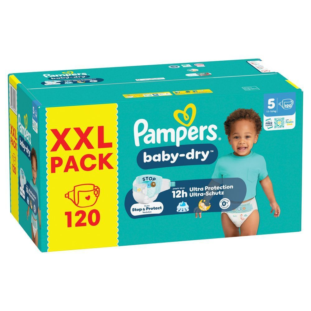 Pampers Baby-Dry Windeln, XXL Packung mit 120 Stück, mit dem Hinweis auf 12 Stunden Ultra-Schutz.