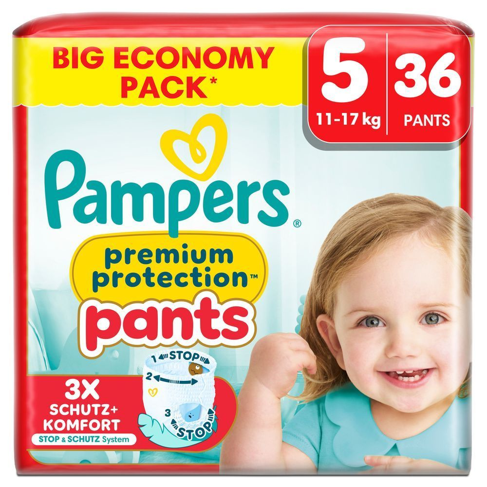 Pampers Premium Protection Pants Big Economy Pack, Größe 5, mit 36 Pants, 11-17kg, hervorgehoben wird der Produktvorteil: 3x Schutz + Komfort dank Stop & Schutz System.