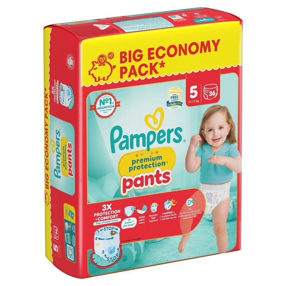 Pampers Premium Protection Pants, Big Economy Pack, mit dem Hinweis auf 3-fachen Schutz und Komfort.;