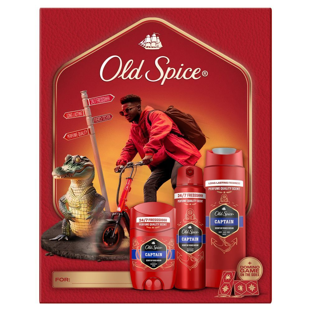Old Spice Captain Geschenkset mit Deodorant-Stick, KÃ¶rperspray und Duschgel, hervorgehoben mit dem Slogan 24-7 FRESSSHHH Perfume Quality Scent. [EN] Old Spice Captain gift set packaging, featuring deodorant, body spray, and body wash for 24-7 fressshhh and perfume quality scent.