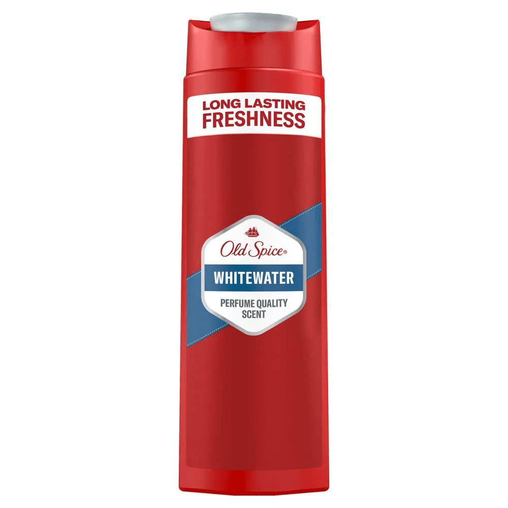 Old Spice Whitewater Duschgel-Verpackung, hervorgehoben wird der Schriftzug Long Lasting Freshness (Lang anhaltende Frische). [ES] Old Spice Whitewater, con la etiqueta Long Lasting Freshness destacada en el empaque rojo. [PT] Old Spice Whitewater ChampÃ´ E Gel De Duche. Destaque para uma frescura duradoura, fragrÃ¢ncia de qualidade e limpeza profunda