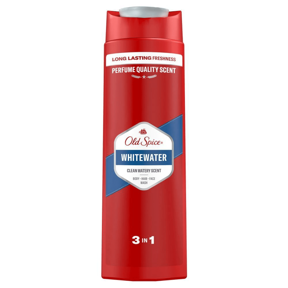 Old Spice Whitewater 3-in-1 Duschgel-Flasche, hervorgehoben wird der Duft in ParfÃ¼mqualitÃ¤t fÃ¼r lang anhaltende Frische. [ES] Imagen frontal del producto Old Spice Whitewater 3 en 1, mostrando en su empaque la leyenda Frescura duradera, aroma con calidad de perfume. [PT] Old Spice Gel de Banho 3 em 1 Whitewate, com embalagem que destaca a fragrÃ¢ncia de qualidade de perfume e frescor de longa duraÃ§Ã£o.