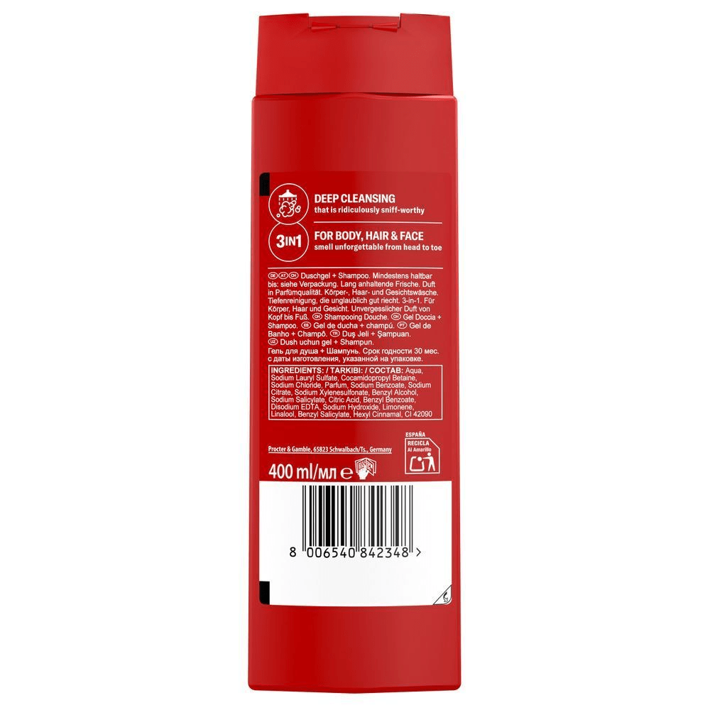 Old Spice 400 ml 3in1 Duschgel-Flasche, die "Deep Cleansing" und "unvergesslicher Duft von Kopf bis Fuß" hervorhebt. [ES] Imagen posterior con regulaciones e ingredientes del producto Old Spice 3in1 para cuerpo, cabello y rostro en su empaque, destacando la limpieza profunda con un aroma increíble. [PT]  Old Spice Gel de Banho 3 em 1 parte detrás da embalagem com informações de contéudo/ingredientes, fabricação, reciclagem e dados de contato da P&G, QRC. [FR] Old Spice gel douche 3 en 1 pour corps, cheveux et visage, bouteille rouge vu de dos.